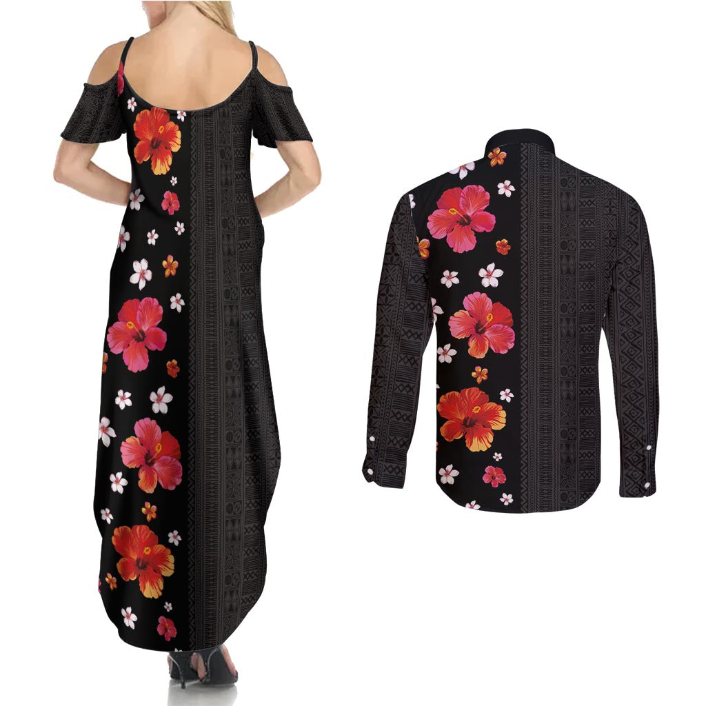 Hawaii Hibiscus and Plumeria Flowers Couples Matching Summer Maxi Dress and Long Sleeve Button Shirt Tapa Tribal Pattern Half Style Colorful Mode LT03 - Polynesian Pride