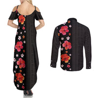 Hawaii Hibiscus and Plumeria Flowers Couples Matching Summer Maxi Dress and Long Sleeve Button Shirt Tapa Tribal Pattern Half Style Colorful Mode LT03 - Polynesian Pride