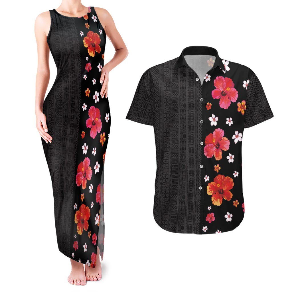 Hawaii Hibiscus and Plumeria Flowers Couples Matching Tank Maxi Dress and Hawaiian Shirt Tapa Tribal Pattern Half Style Colorful Mode