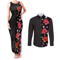 Hawaii Hibiscus and Plumeria Flowers Couples Matching Tank Maxi Dress and Long Sleeve Button Shirt Tapa Tribal Pattern Half Style Colorful Mode LT03 Black - Polynesian Pride