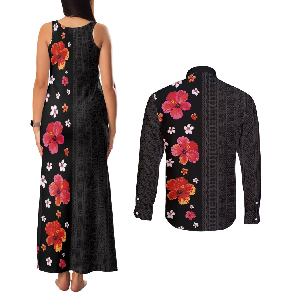 Hawaii Hibiscus and Plumeria Flowers Couples Matching Tank Maxi Dress and Long Sleeve Button Shirt Tapa Tribal Pattern Half Style Colorful Mode LT03 - Polynesian Pride