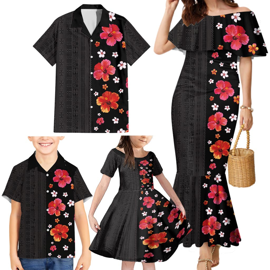 Hawaii Hibiscus and Plumeria Flowers Family Matching Mermaid Dress and Hawaiian Shirt Tapa Tribal Pattern Half Style Colorful Mode LT03 - Polynesian Pride