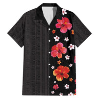 Hawaii Hibiscus and Plumeria Flowers Family Matching Mermaid Dress and Hawaiian Shirt Tapa Tribal Pattern Half Style Colorful Mode LT03 Dad's Shirt - Short Sleeve Black - Polynesian Pride