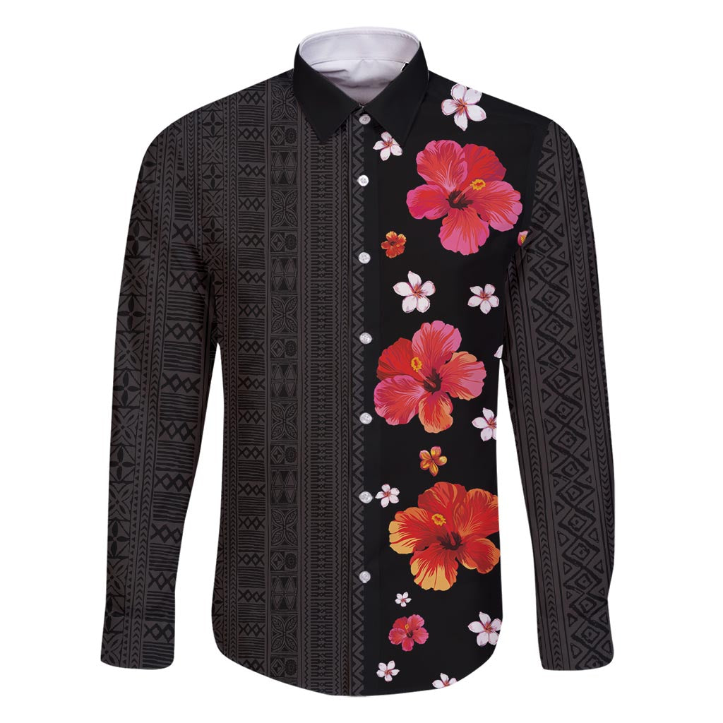 Hawaii Hibiscus and Plumeria Flowers Family Matching Mermaid Dress and Hawaiian Shirt Tapa Tribal Pattern Half Style Colorful Mode LT03 Dad's Shirt - Long Sleeve Black - Polynesian Pride