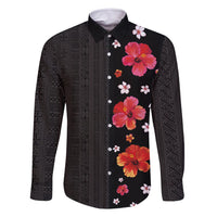 Hawaii Hibiscus and Plumeria Flowers Family Matching Mermaid Dress and Hawaiian Shirt Tapa Tribal Pattern Half Style Colorful Mode LT03 Dad's Shirt - Long Sleeve Black - Polynesian Pride