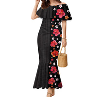 Hawaii Hibiscus and Plumeria Flowers Family Matching Mermaid Dress and Hawaiian Shirt Tapa Tribal Pattern Half Style Colorful Mode LT03 Mom's Dress Black - Polynesian Pride