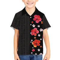 Hawaii Hibiscus and Plumeria Flowers Family Matching Off Shoulder Maxi Dress and Hawaiian Shirt Tapa Tribal Pattern Half Style Colorful Mode LT03 Son's Shirt Black - Polynesian Pride