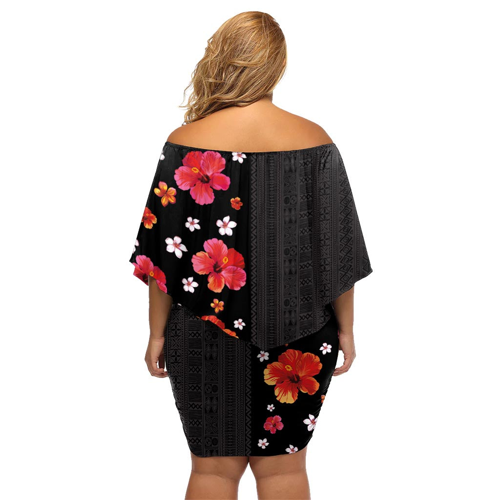 Hawaii Hibiscus and Plumeria Flowers Family Matching Off Shoulder Short Dress and Hawaiian Shirt Tapa Tribal Pattern Half Style Colorful Mode