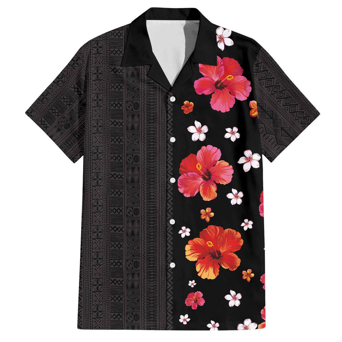 Hawaii Hibiscus and Plumeria Flowers Family Matching Puletasi and Hawaiian Shirt Tapa Tribal Pattern Half Style Colorful Mode LT03 Dad's Shirt - Short Sleeve Black - Polynesian Pride