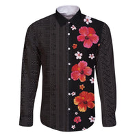 Hawaii Hibiscus and Plumeria Flowers Family Matching Puletasi and Hawaiian Shirt Tapa Tribal Pattern Half Style Colorful Mode LT03 Dad's Shirt - Long Sleeve Black - Polynesian Pride