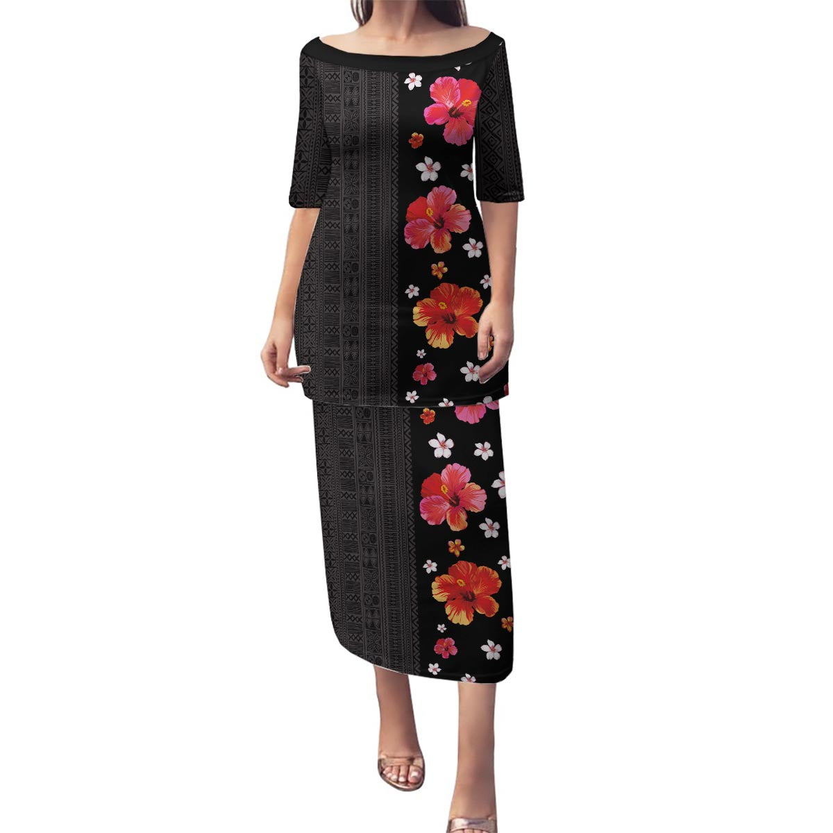Hawaii Hibiscus and Plumeria Flowers Family Matching Puletasi and Hawaiian Shirt Tapa Tribal Pattern Half Style Colorful Mode LT03 Mom's Dress Black - Polynesian Pride