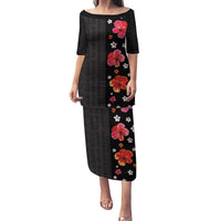 Hawaii Hibiscus and Plumeria Flowers Family Matching Puletasi and Hawaiian Shirt Tapa Tribal Pattern Half Style Colorful Mode LT03 Mom's Dress Black - Polynesian Pride