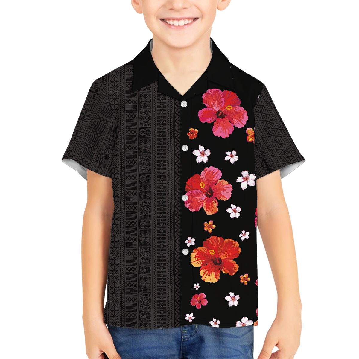 Hawaii Hibiscus and Plumeria Flowers Family Matching Puletasi and Hawaiian Shirt Tapa Tribal Pattern Half Style Colorful Mode LT03 Son's Shirt Black - Polynesian Pride
