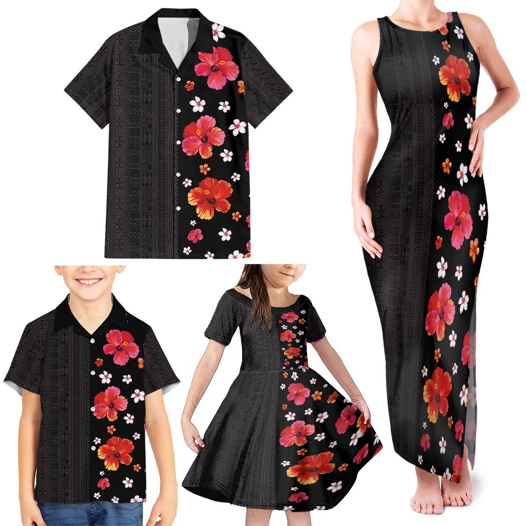 Hawaii Hibiscus and Plumeria Flowers Family Matching Tank Maxi Dress and Hawaiian Shirt Tapa Tribal Pattern Half Style Colorful Mode