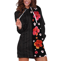 Hawaii Hibiscus and Plumeria Flowers Hoodie Dress Tapa Tribal Pattern Half Style Colorful Mode LT03 Black - Polynesian Pride
