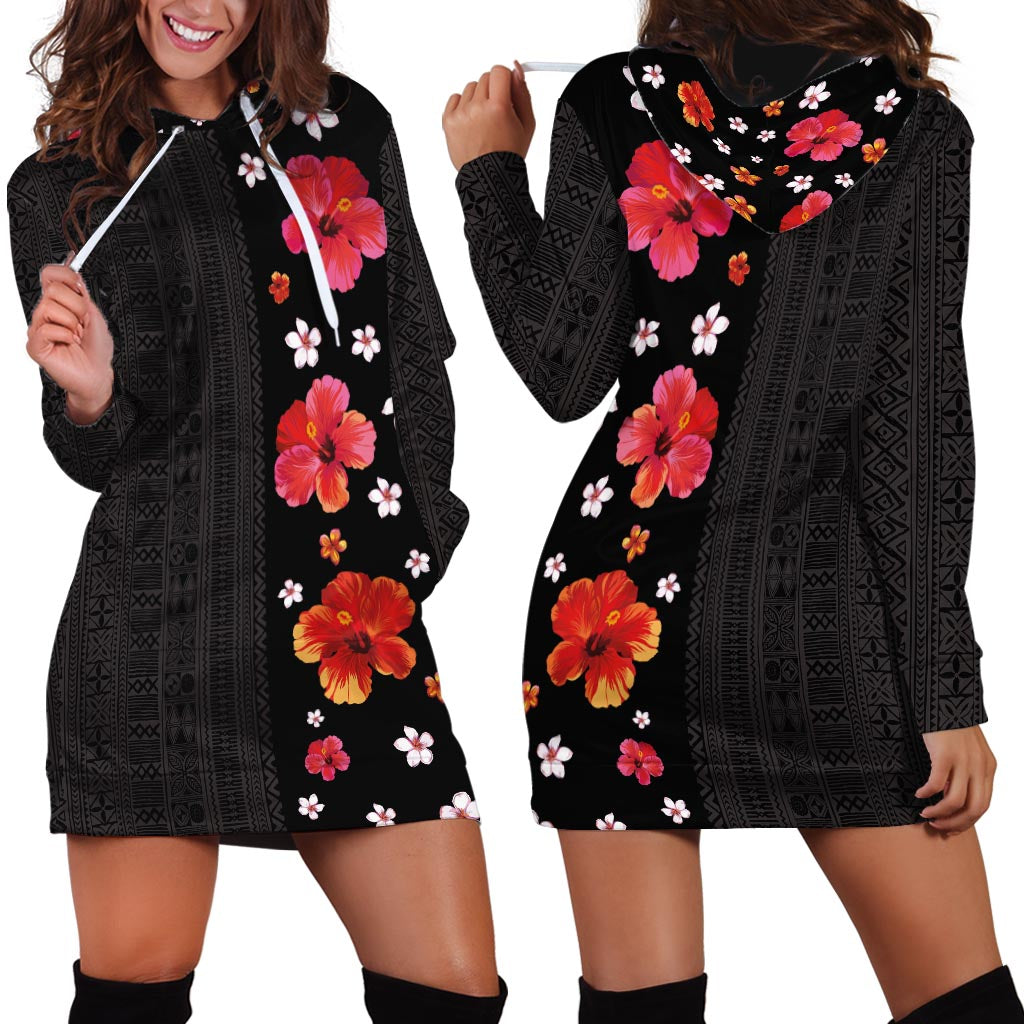 Hawaii Hibiscus and Plumeria Flowers Hoodie Dress Tapa Tribal Pattern Half Style Colorful Mode LT03 - Polynesian Pride