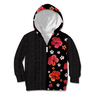 Hawaii Hibiscus and Plumeria Flowers Kid Hoodie Tapa Tribal Pattern Half Style Colorful Mode LT03 Zip Hoodie Black - Polynesian Pride