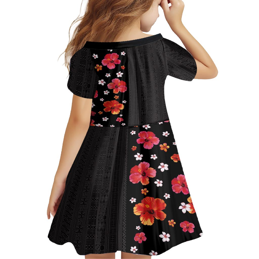 Hawaii Hibiscus and Plumeria Flowers Kid Short Sleeve Dress Tapa Tribal Pattern Half Style Colorful Mode LT03 - Polynesian Pride