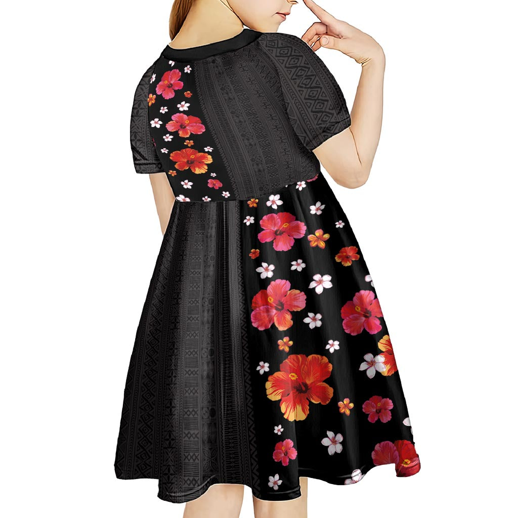 Hawaii Hibiscus and Plumeria Flowers Kid Short Sleeve Dress Tapa Tribal Pattern Half Style Colorful Mode LT03 - Polynesian Pride