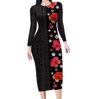 Hawaii Hibiscus and Plumeria Flowers Long Sleeve Bodycon Dress Tapa Tribal Pattern Half Style Colorful Mode LT03 Long Dress Black - Polynesian Pride