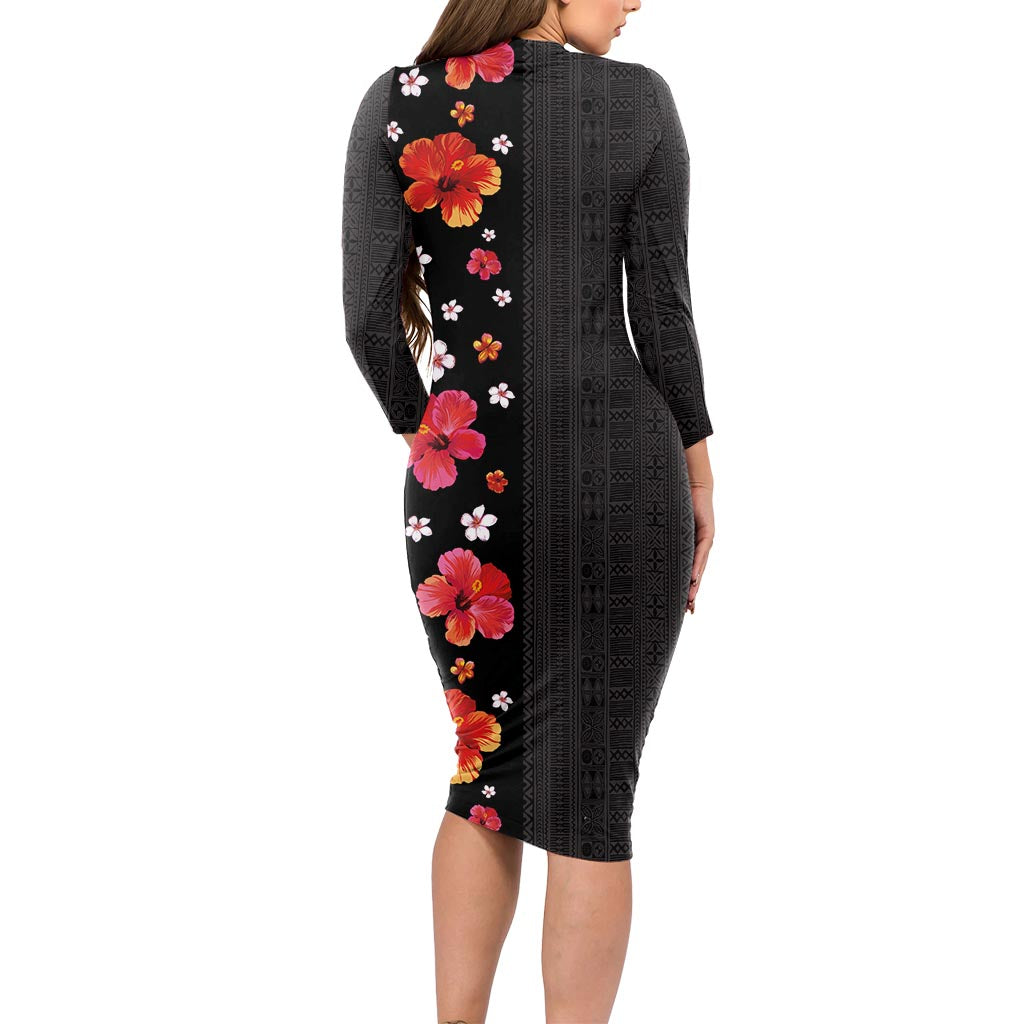 Hawaii Hibiscus and Plumeria Flowers Long Sleeve Bodycon Dress Tapa Tribal Pattern Half Style Colorful Mode LT03 - Polynesian Pride