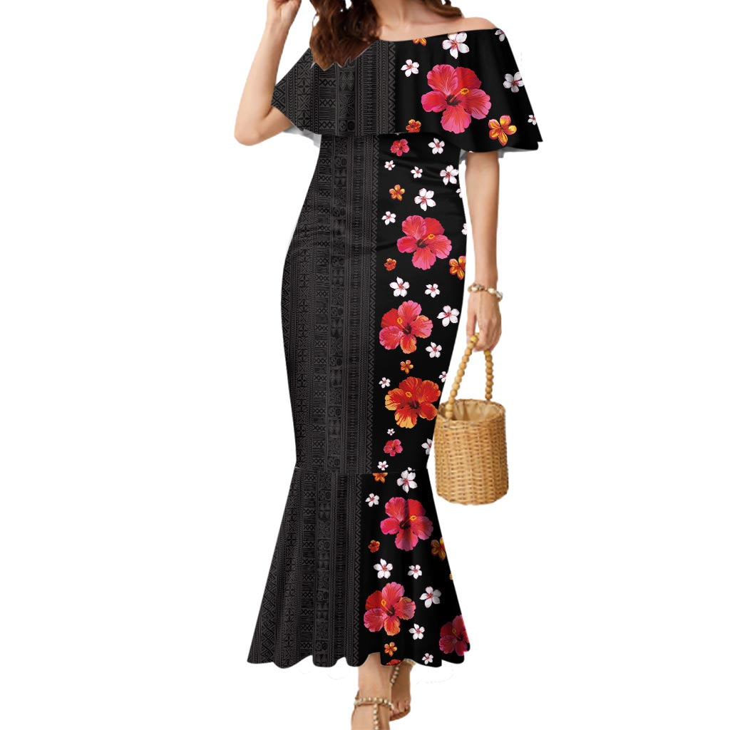 Hawaii Hibiscus and Plumeria Flowers Mermaid Dress Tapa Tribal Pattern Half Style Colorful Mode LT03 Women Black - Polynesian Pride