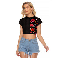 Hawaii Hibiscus and Plumeria Flowers Raglan Cropped T Shirt Tapa Tribal Pattern Half Style Colorful Mode LT03 Female Black - Polynesian Pride