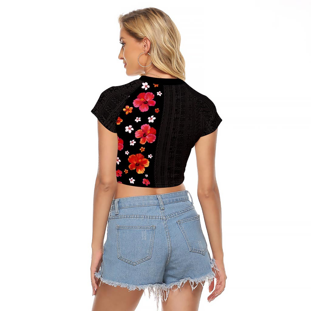 Hawaii Hibiscus and Plumeria Flowers Raglan Cropped T Shirt Tapa Tribal Pattern Half Style Colorful Mode LT03 - Polynesian Pride