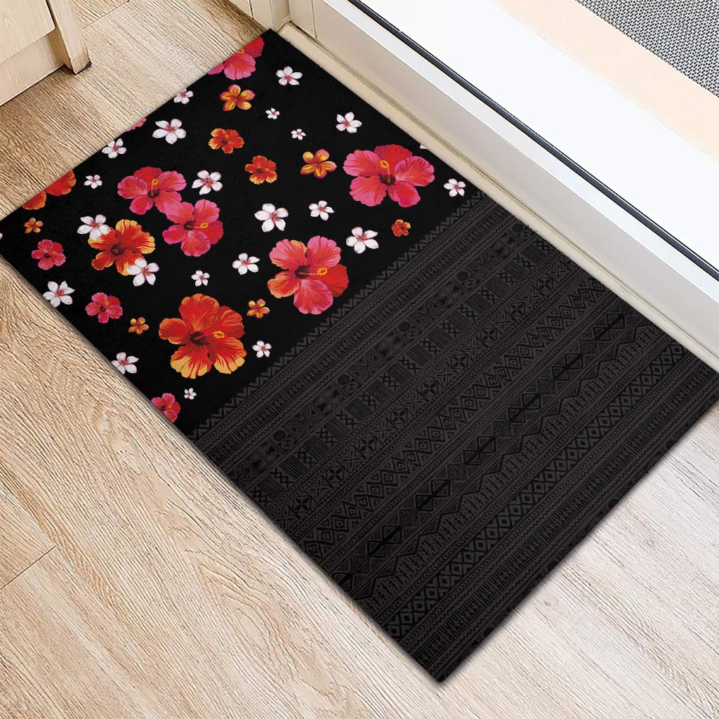 Hawaii Hibiscus and Plumeria Flowers Rubber Doormat Tapa Tribal Pattern Half Style Colorful Mode