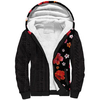 Hawaii Hibiscus and Plumeria Flowers Sherpa Hoodie Tapa Tribal Pattern Half Style Colorful Mode LT03 Unisex Black - Polynesian Pride
