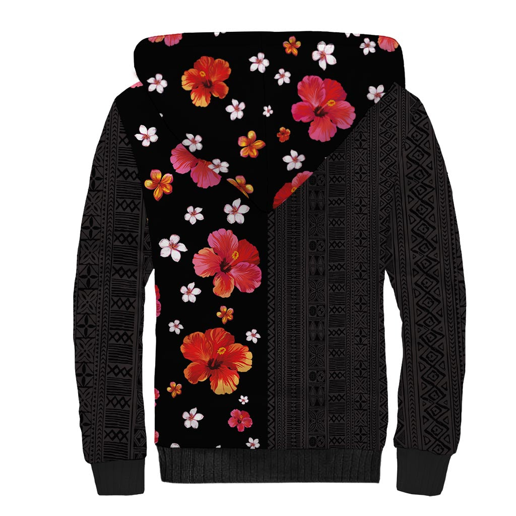 Hawaii Hibiscus and Plumeria Flowers Sherpa Hoodie Tapa Tribal Pattern Half Style Colorful Mode LT03 - Polynesian Pride
