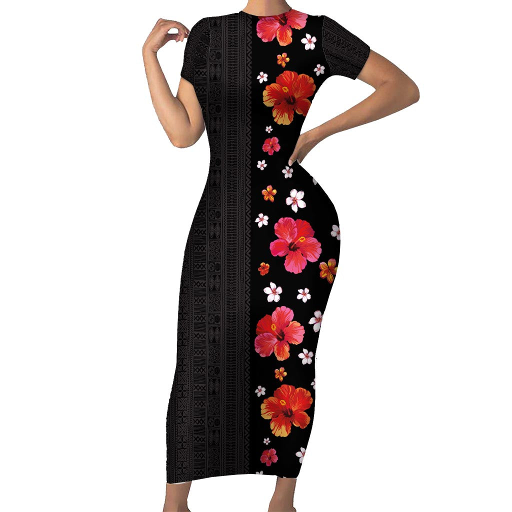 Hawaii Hibiscus and Plumeria Flowers Short Sleeve Bodycon Dress Tapa Tribal Pattern Half Style Colorful Mode LT03 Long Dress Black - Polynesian Pride