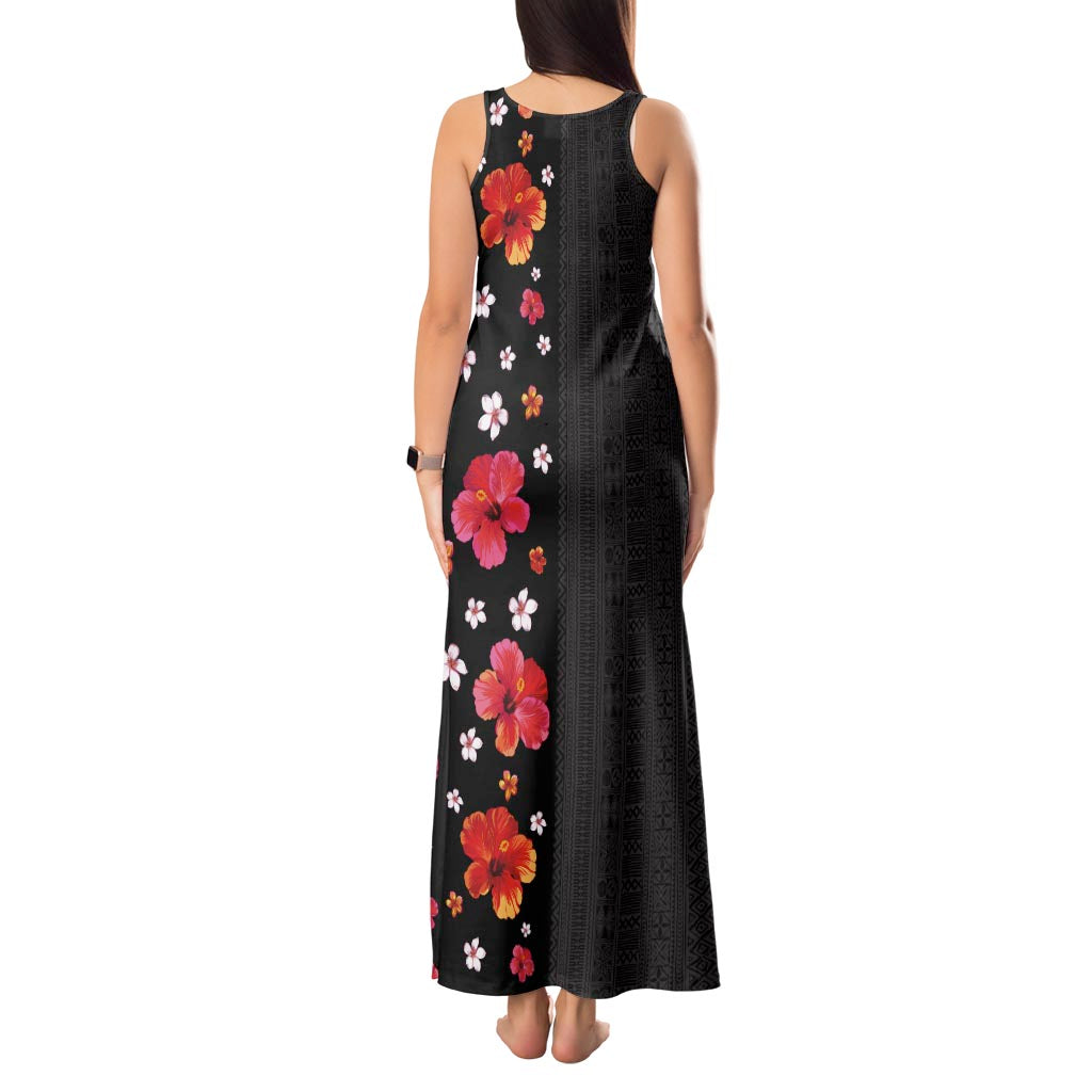 Hawaii Hibiscus and Plumeria Flowers Tank Maxi Dress Tapa Tribal Pattern Half Style Colorful Mode LT03 - Polynesian Pride