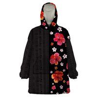 Hawaii Hibiscus and Plumeria Flowers Wearable Blanket Hoodie Tapa Tribal Pattern Half Style Colorful Mode LT03 One Size Black - Polynesian Pride
