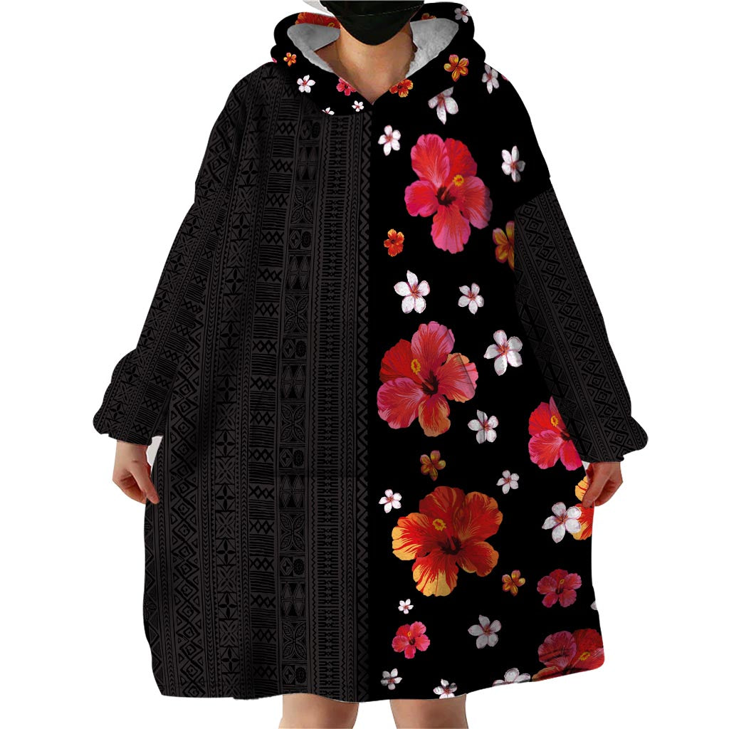Hawaii Hibiscus and Plumeria Flowers Wearable Blanket Hoodie Tapa Tribal Pattern Half Style Colorful Mode LT03 - Polynesian Pride