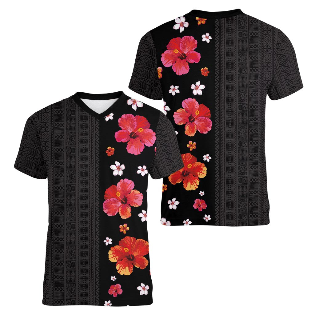 Hawaii Hibiscus and Plumeria Flowers Women V-Neck T-Shirt Tapa Tribal Pattern Half Style Colorful Mode LT03 - Polynesian Pride