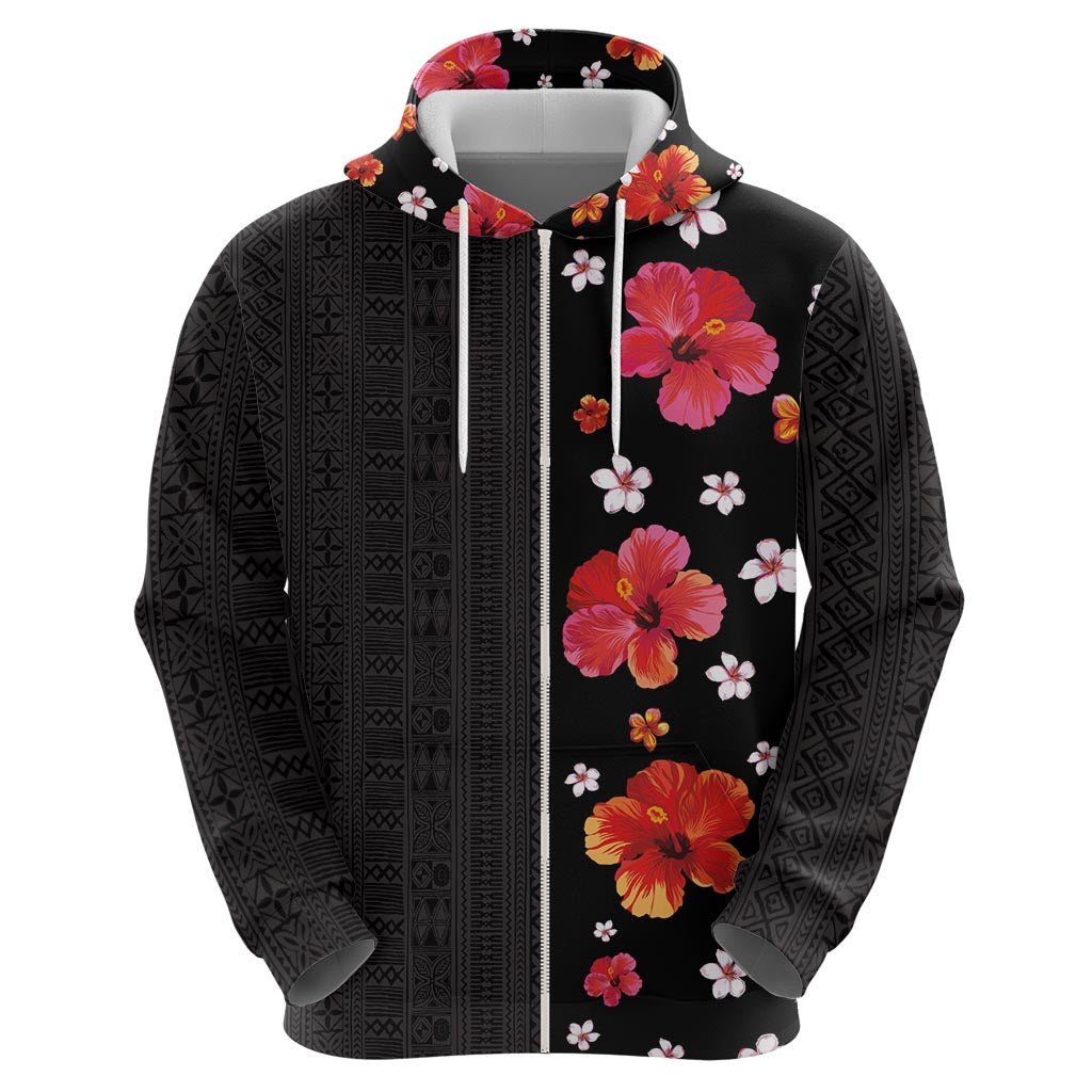 Hawaii Hibiscus and Plumeria Flowers Zip Hoodie Tapa Tribal Pattern Half Style Colorful Mode