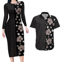 Hawaii Hibiscus and Plumeria Flowers Couples Matching Long Sleeve Bodycon Dress and Hawaiian Shirt Tapa Tribal Pattern Half Style Grayscale Mode LT03 Black - Polynesian Pride