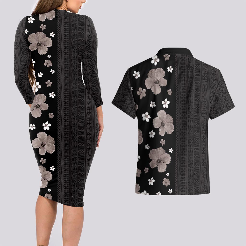 Hawaii Hibiscus and Plumeria Flowers Couples Matching Long Sleeve Bodycon Dress and Hawaiian Shirt Tapa Tribal Pattern Half Style Grayscale Mode LT03 - Polynesian Pride