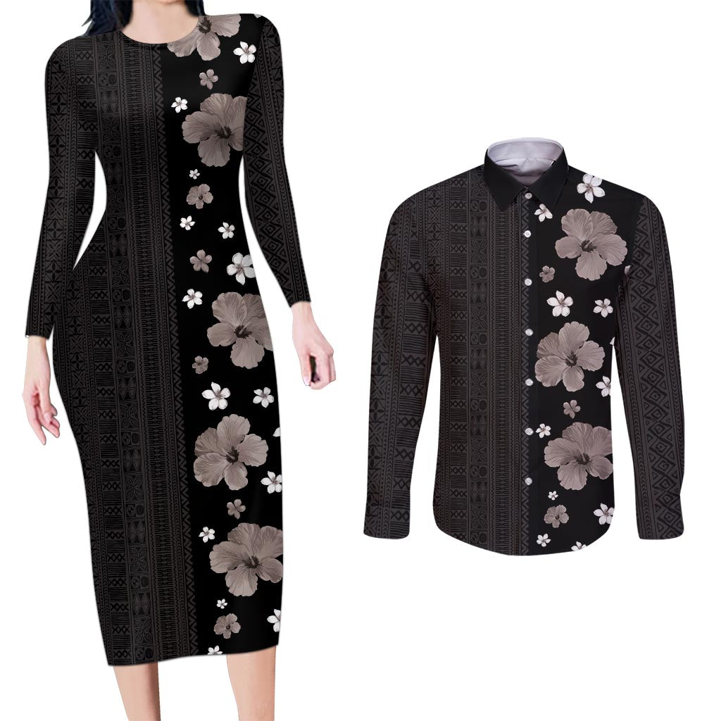 Hawaii Hibiscus and Plumeria Flowers Couples Matching Long Sleeve Bodycon Dress and Long Sleeve Button Shirt Tapa Tribal Pattern Half Style Grayscale Mode LT03 Black - Polynesian Pride