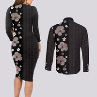 Hawaii Hibiscus and Plumeria Flowers Couples Matching Long Sleeve Bodycon Dress and Long Sleeve Button Shirt Tapa Tribal Pattern Half Style Grayscale Mode LT03 - Polynesian Pride