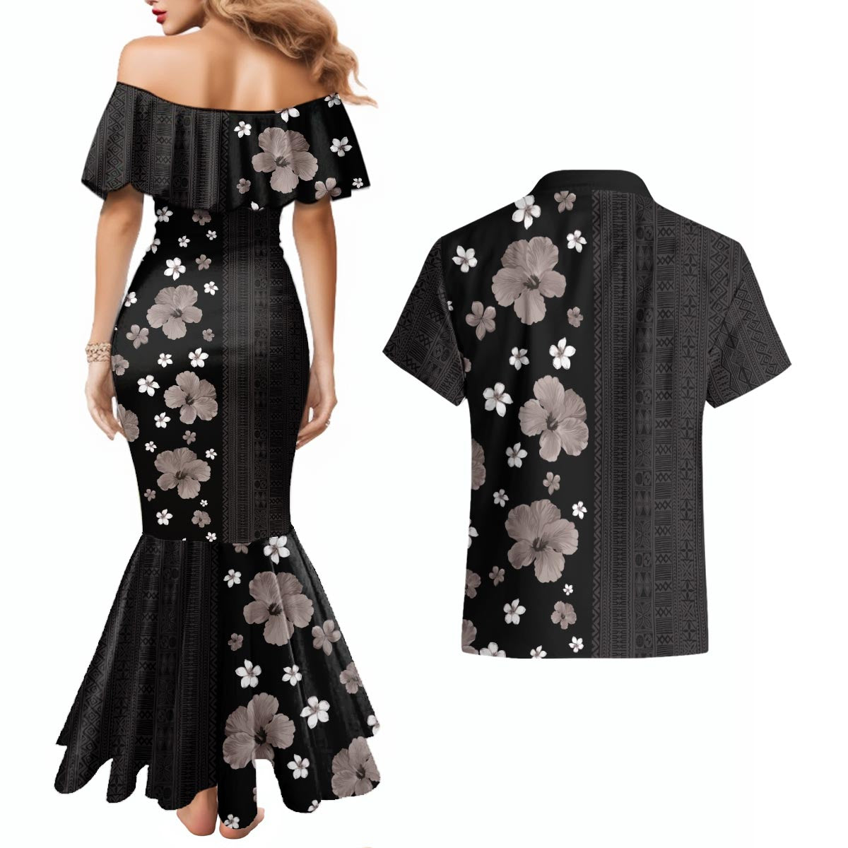 Hawaii Hibiscus and Plumeria Flowers Couples Matching Mermaid Dress and Hawaiian Shirt Tapa Tribal Pattern Half Style Grayscale Mode LT03 - Polynesian Pride