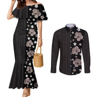 Hawaii Hibiscus and Plumeria Flowers Couples Matching Mermaid Dress and Long Sleeve Button Shirt Tapa Tribal Pattern Half Style Grayscale Mode LT03 Black - Polynesian Pride