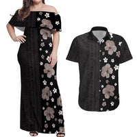 Hawaii Hibiscus and Plumeria Flowers Couples Matching Off Shoulder Maxi Dress and Hawaiian Shirt Tapa Tribal Pattern Half Style Grayscale Mode LT03 Black - Polynesian Pride