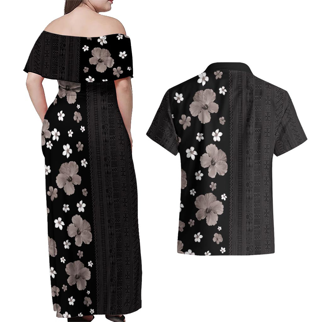 Hawaii Hibiscus and Plumeria Flowers Couples Matching Off Shoulder Maxi Dress and Hawaiian Shirt Tapa Tribal Pattern Half Style Grayscale Mode LT03 - Polynesian Pride