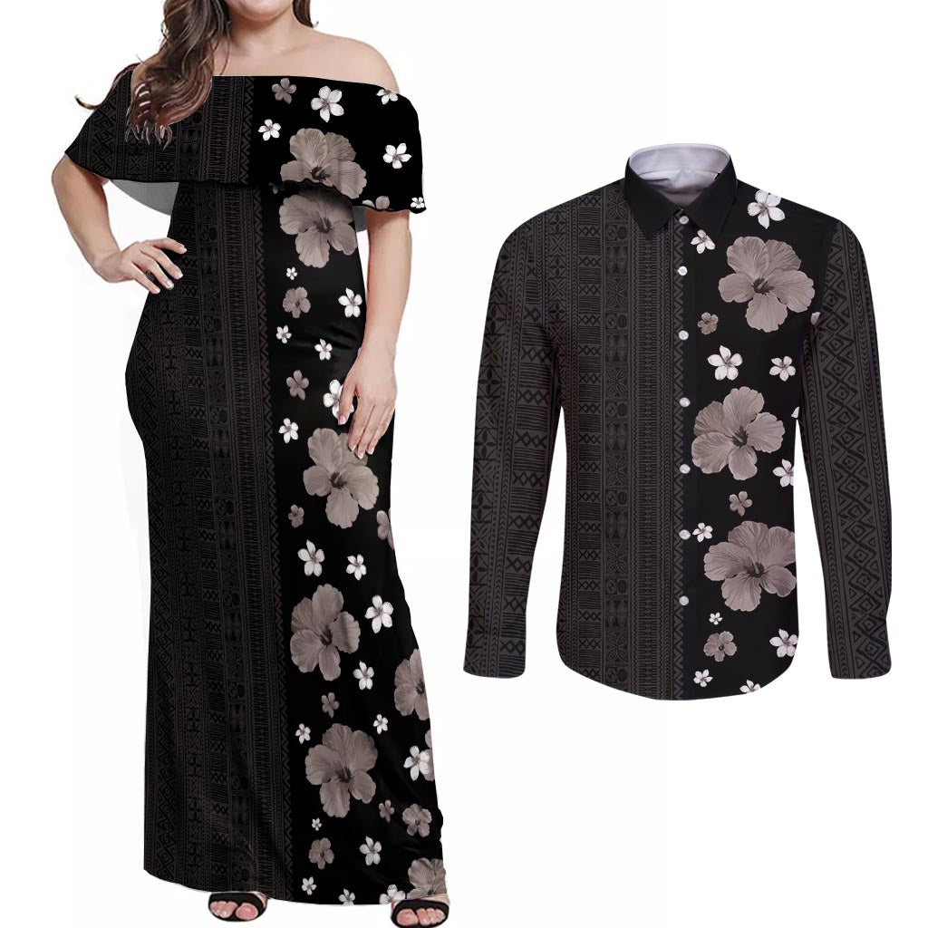Hawaii Hibiscus and Plumeria Flowers Couples Matching Off Shoulder Maxi Dress and Long Sleeve Button Shirt Tapa Tribal Pattern Half Style Grayscale Mode LT03 Black - Polynesian Pride