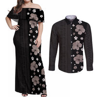 Hawaii Hibiscus and Plumeria Flowers Couples Matching Off Shoulder Maxi Dress and Long Sleeve Button Shirt Tapa Tribal Pattern Half Style Grayscale Mode LT03 Black - Polynesian Pride