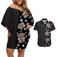 Hawaii Hibiscus and Plumeria Flowers Couples Matching Off Shoulder Short Dress and Hawaiian Shirt Tapa Tribal Pattern Half Style Grayscale Mode LT03 Black - Polynesian Pride