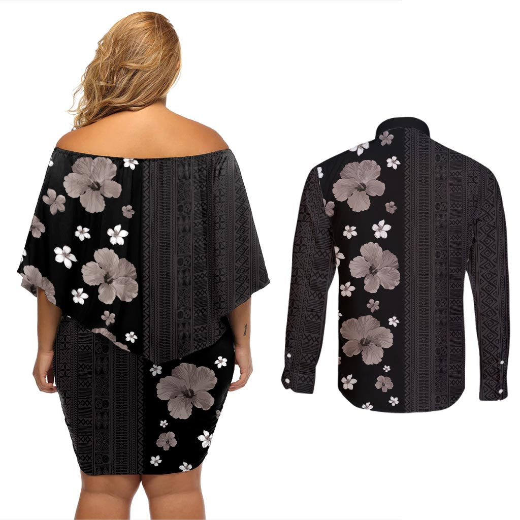 Hawaii Hibiscus and Plumeria Flowers Couples Matching Off Shoulder Short Dress and Long Sleeve Button Shirt Tapa Tribal Pattern Half Style Grayscale Mode LT03 - Polynesian Pride