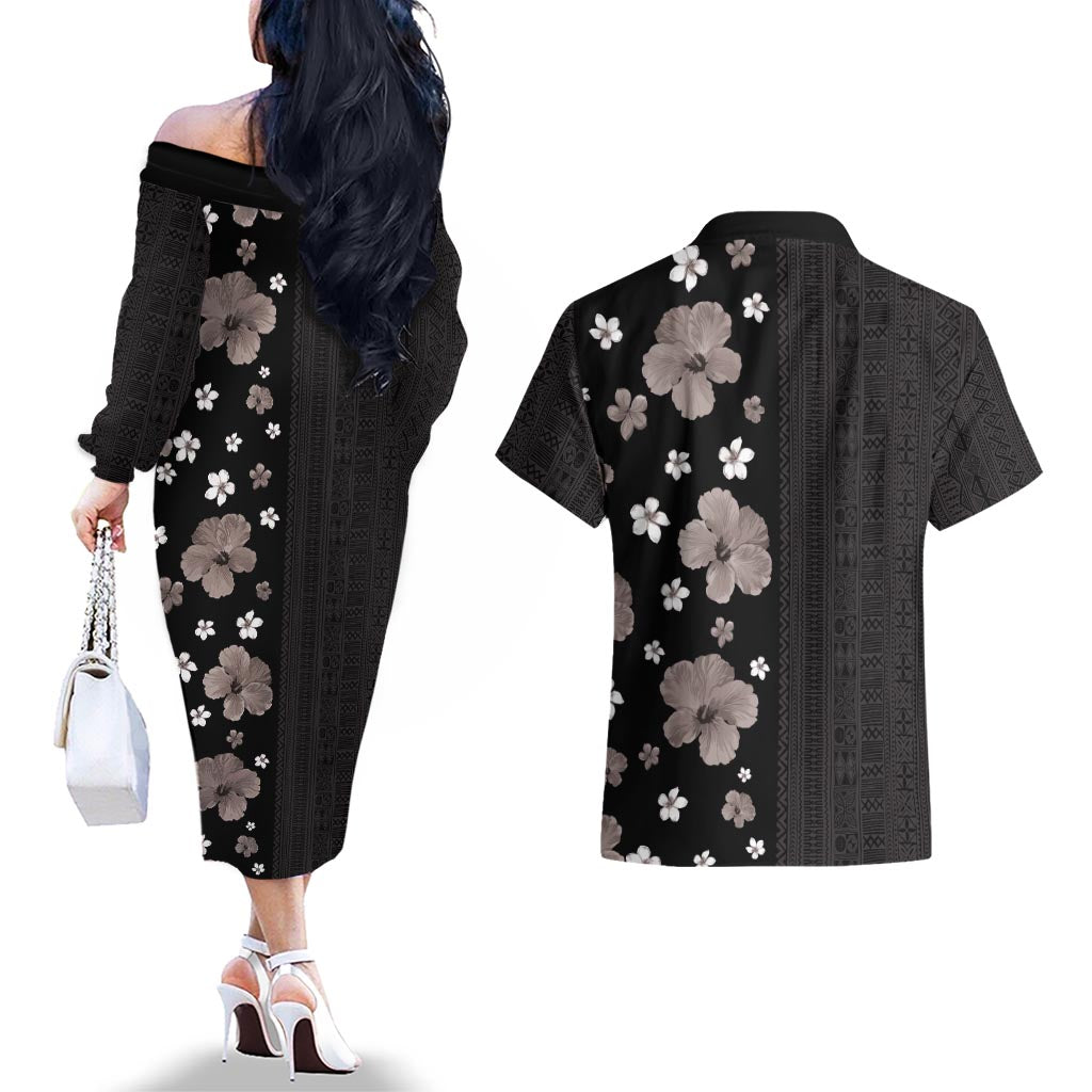 Hawaii Hibiscus and Plumeria Flowers Couples Matching Off The Shoulder Long Sleeve Dress and Hawaiian Shirt Tapa Tribal Pattern Half Style Grayscale Mode LT03 - Polynesian Pride